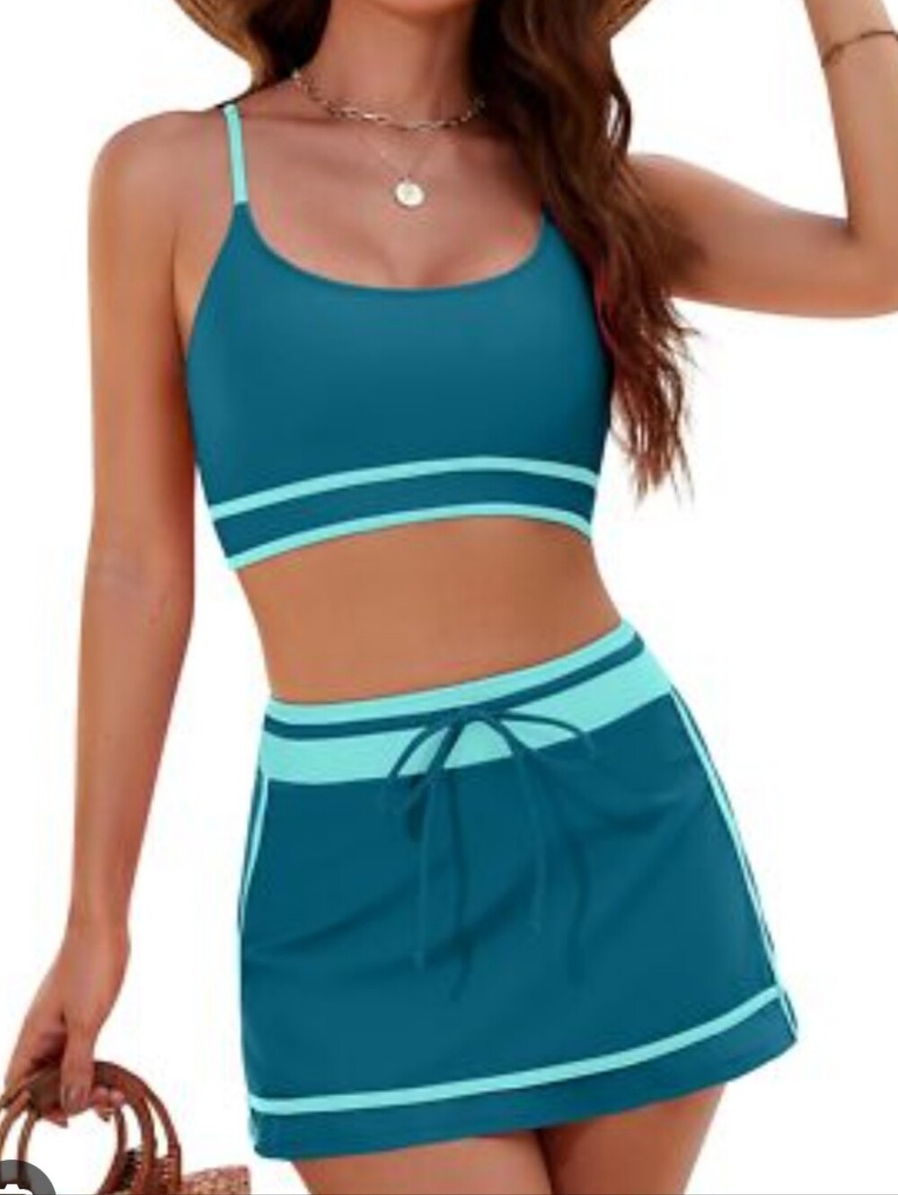 Teal Two-Piece Swim Crop Top and Skort Set